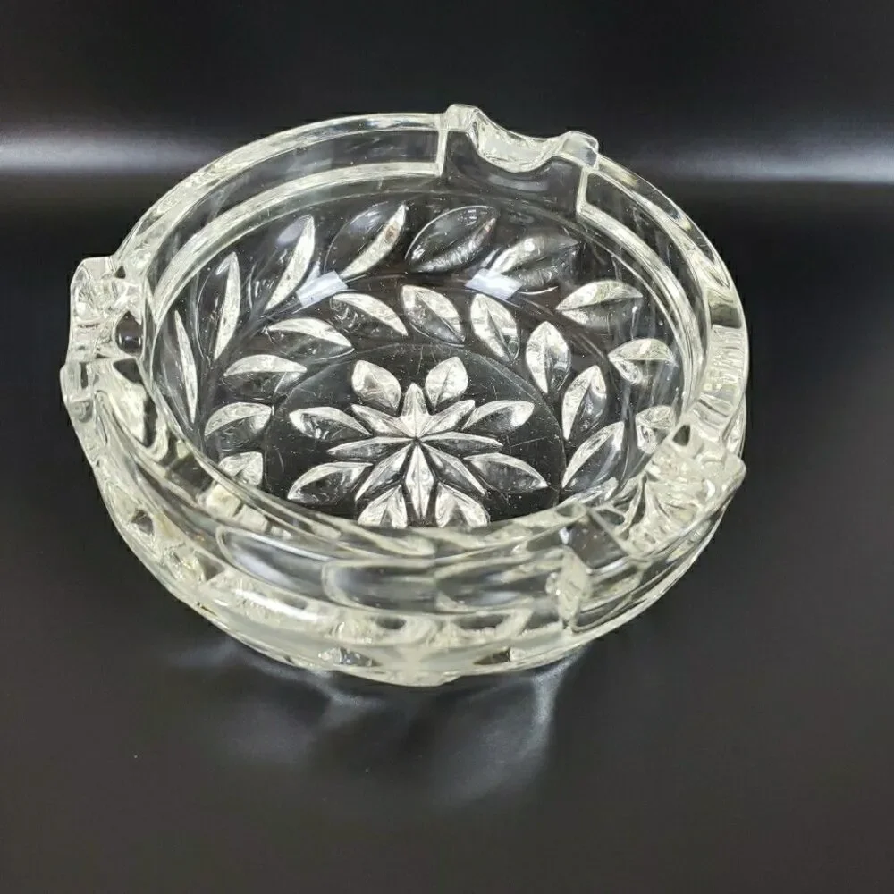 Vintage Cigar Tabletop Ashtray Clear Glass Etched Floral Leaf Band 3 Slots MCM